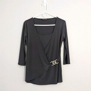 Women's Top Blouse Size Medium Dark Gray 3/4 Sleeve Stretch